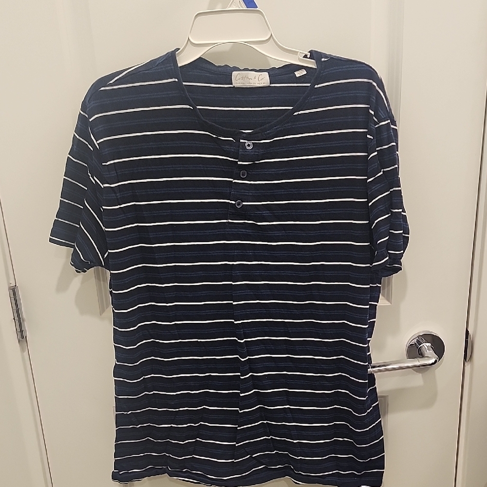 Cotton & Co. Navy Striped Henley Cotton Shirt Mens XXL Casual Buttons